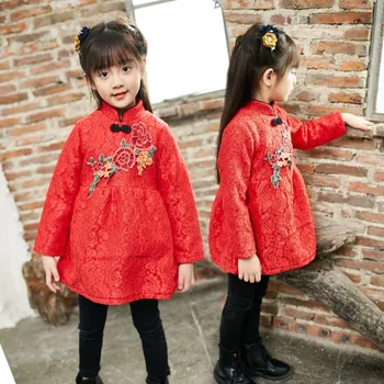 Šiuolaikinės Ilgomis Rankovėmis Aksomo Merginos Raudona Cheongsam Suknelė Vestuvių Qi Pao Cheong Sam Kinų Tradicinė Vaikų Šalis Vaikai Qipao