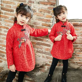 Šiuolaikinės Ilgomis Rankovėmis Aksomo Merginos Raudona Cheongsam Suknelė Vestuvių Qi Pao Cheong Sam Kinų Tradicinė Vaikų Šalis Vaikai Qipao