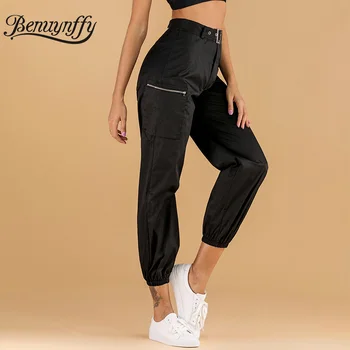 Benuynffy Atsitiktinis Streetwear Moterų Krovinių Kelnės Juoda Zip Kišenėje Aukšto Liemens Kelnės 2020 M. Pavasario Vasaros Moterų Prarasti Juostinės Kelnės