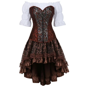 Odos bustier korsetas suknelė parodijos steampunk korsetas, sijonas piratų lingerie plius dydis cosplay maskuotis rudos spalvos trijų dalių