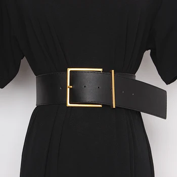 Mados Moterų Platus Diržas Vintage Gold Didelis Metalo Pin Sagtis marškinėliai Moteriška Black PU Odos, Diržai, Suknelė Kailis Juosmens Korsetas Dirželis