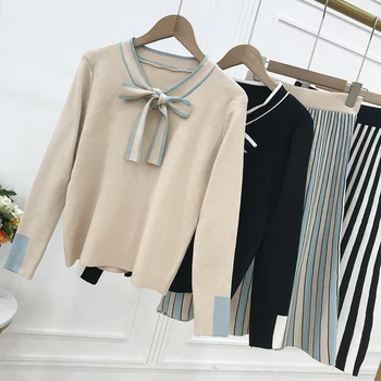 2020 m. Rudenį, Pavasarį Elegantiškas Megztinis (puloveris) + klostuotas sijonas 2 rinkiniai blizga megzta mini suknelė plonas megztinis nustatyti