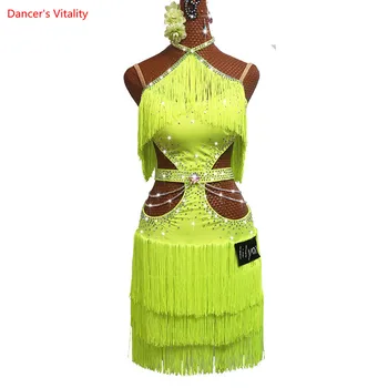 Naujas Lotynų Šokių Suknelė Moterims, Fluorescencinė Geltona Suknelė Kalnų Krištolas Grandinės Veiklos Apranga Merginos Kutas Sijonas Salsa Suknelė