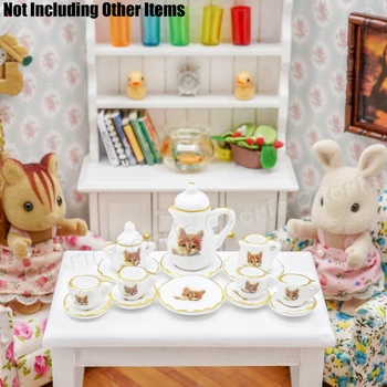 Odoria 1:12 Mini 15VNT Porceliano Arbatos Puodelio Set Cat Modelis Lėlių Virtuvės Reikmenys
