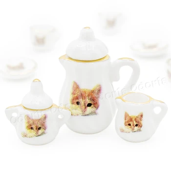 Odoria 1:12 Mini 15VNT Porceliano Arbatos Puodelio Set Cat Modelis Lėlių Virtuvės Reikmenys