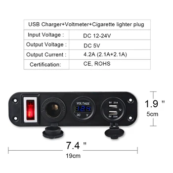 Svirtinis Jungiklis 5V 2.1 Dual USB Įkroviklio Maitinimo Adapteris 12V-24V Cigarečių Degiklio Lizdo Digital Voltmeter Automobilių Valtis Motociklas