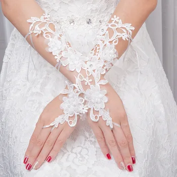 Nėriniai Dirbtinių perlų Vestuvių pirštinės Nuotaka Vestuvių pirštinės vestuvių priedai guantes novia gants mariage