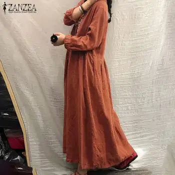 Elegantiška Siuvinėjimas Maxi Suknelė Moterų Rudenį Sundress ZANZEA 2021 Atsitiktinis ilgomis Rankovėmis Vestidos Retro Moterų Mygtuką Drabužius, Plius Dydis