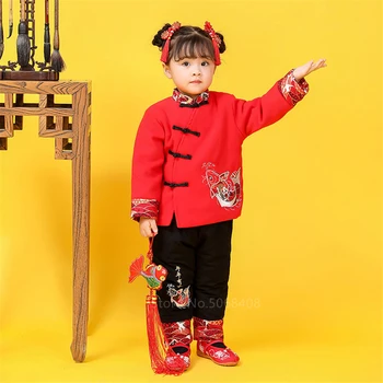 Kinų Stiliaus Tang Tiktų Vaikams Tradicinio Siuvinėjimo Berniukai Mergaitė Kinų Naujųjų Metų, Drabužiai, Striukė Viršutinį Sluoksnį Kelnes Pavasario Festivalis