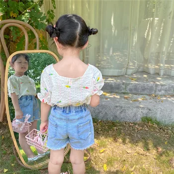 2020 m. mergytę morkų spausdinti raukiniai, plisuotos palaidinė bamblys vaikų drabužiai vaikas drabužiai balti marškiniai trumpomis rankovėmis