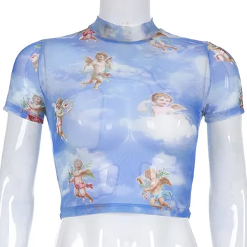 NCLAGEN Moterų Mados Mielas Angelas Spausdinti Akių marškinėliai trumpomis Rankovėmis Bambos Nuogos Apkarpyti Viršūnes Tees Matyti Per T-Shirts Outwear