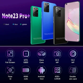 Note23 Pro+ Vandens Lašas Didelio Ekrano Išmanųjį telefoną 4+128G Karšto Lenkimo Matinio Stiklo Aukštos klasės vientisas galinis Dangtelis Dual Kortelės Dvejopo Stendas