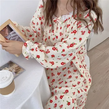 Korėjos stiliaus mielos moterys nightgowns ilgomis rankovėmis gėlių spausdinti medvilnės nightdress abrikosų nėrinių minkštas homewear suknelė prarasti pavasario Y288