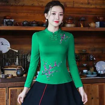 Tradicinis Ponios Marškinėliai Išsiuvinėti Kutai Palaidinė Qipao Viršūnes Kinų Stiliaus ilgomis Rankovėmis Palaidinė V1701