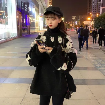 Cotday O-Kaklo Sutirštės Juoda Gėlių Kailis Rudens Ir Žiemos Mados Korėjos Stiliaus 2020 Naujas Elegantiškas Laisvas Megztinis Palaidinukė