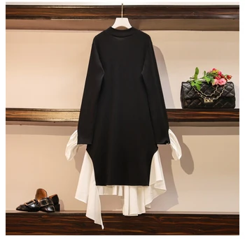 Oladivi Plius Dydis Moterų Dirbtiniais Dviejų dalių Long Sleeve Black Marškinėliai Suknelė Rudens Mados Lady Elegantiškas Plonas Suknelės Vestidios 3XL 4XL