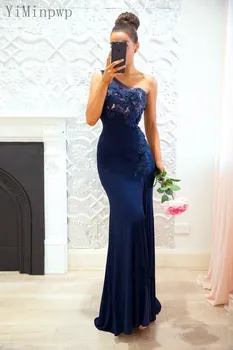 YiMinpwp Navy Blue Undinė Bridesmaid Dresses Vienos Pečių Valyti Traukinio Appliques Vestuvių Svečias Šalis Suknelė Tarnaitė Garbės Suknelė