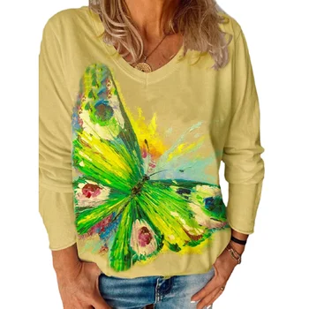 Gėlių Spausdinti Marškinėliai Negabaritinių Moterys ilgomis Rankovėmis Atsitiktinis Laisvi marškinėliai V-Kaklo Pavasarį Naujas-ateina Moteris Viršūnes Didelis Dydis 2XL 2021