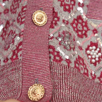 Elegantiškos moteriškos O-kaklo perlai duobute megzti paltai Aukštos Kokybės moterų rudenį blizgančiais susagstomi megztiniai, liemenės C492