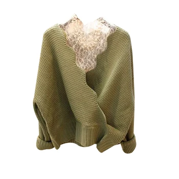 Hitz nėrinių marškinėliai su avokadu žalia dviejų dalių V-kaklo džemperis korėjos laisvas megztinis kailis