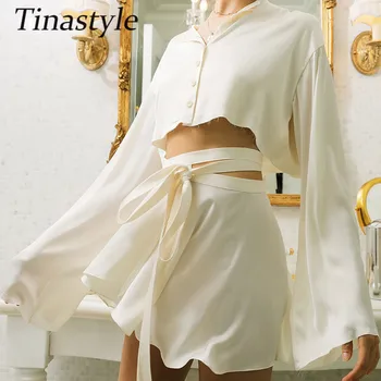 Tinastyle Elegantiškas Moteris Satino Suknelė Dviejų Dalių Rinkinys Ilgomis Rankovėmis Trumpą Pasėlių Top Aukštos Juosmens Vasaros Suknelė Baltos Spalvos, 2 Vnt. Komplektas Komplektai