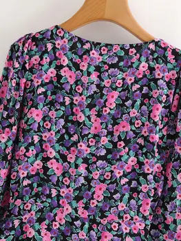 Prašmatnus elegantiškas XS ilgomis rankovėmis seksualus V-kaklo, Plisuotos Suknelė rudenį 2020 m. moters Retro gėlių violetinė šalis suknelė Moterims, Elegantiška Suknelė