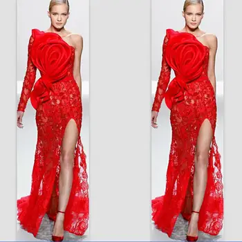 Raudona Oficialų Garsenybių Suknelės Undinė Vieną petį Long Sleeve Lace Ritininės Sexy Ilgas vakarines Sukneles Garsaus Raudonojo Kilimo Sukneles