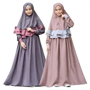 2VNT Musulmonų Vaikų Mergaičių Komplektus Arabų Ilga Suknelė+Hijab Islamo Abaja Jilbab Vaikai Malda Suknelė Maxi Skraiste Kaftan Dubajus Suknelė Nauja