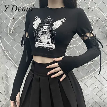 Y Demo Gotikos Angelas Spausdinti Moterų marškinėliai Slim Harajuku Nėrinių Rankovės Atsitiktinis Vasaros Viršūnes 2020 m.