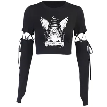 Y Demo Gotikos Angelas Spausdinti Moterų marškinėliai Slim Harajuku Nėrinių Rankovės Atsitiktinis Vasaros Viršūnes 2020 m.