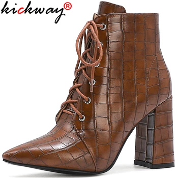 Kickway snakeskin iškilumo pu odos batai moterims pažymėjo tne aikštėje aukšti kulniukai Size43 juodos rudos spalvos nėriniai-up batai moterims