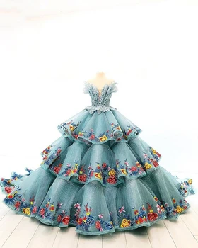 Blizgučiais Prom Chalatai Saldus 16 Dangus Mėlynas Quinceanera Suknelės 2020 Stebėjimo 3D Gėlių Aplikacijos Mergaitės Oficialus Kamuolys Suknelė Inscenizacija Suknelė