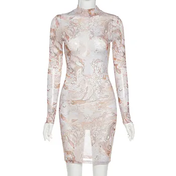 Hugcitar 2020 ilgomis rankovėmis akių derliaus spausdinimo žr.-per seksuali mini suknelė rudens žiemos moterų mados streetwear komplektus clubwear