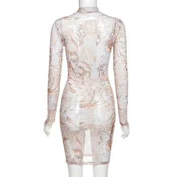 Hugcitar 2020 ilgomis rankovėmis akių derliaus spausdinimo žr.-per seksuali mini suknelė rudens žiemos moterų mados streetwear komplektus clubwear