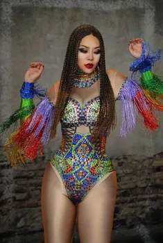 Multi-spalva kalnų krištolas pakraštyje bodysuit Moterims naktiniame klube seksualus kristalai leotard kostiumas kutas apranga