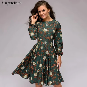 2020 Mados Spausdinimo-line Rudenį Suknelė Moterims, Elegantiška Vintage Raukiniai O-Kaklo, ilgomis Rankovėmis Klubo Šalis Mini Suknelės Vestidos