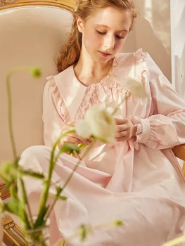 Medvilnės Moterų Ilgai Sleepwear Pavasarį, Rudenį Royal Princess Nėrinių Cardigan Turn-žemyn Apykaklės Ilgai Nightgowns Elegantiškas Sleepshirts