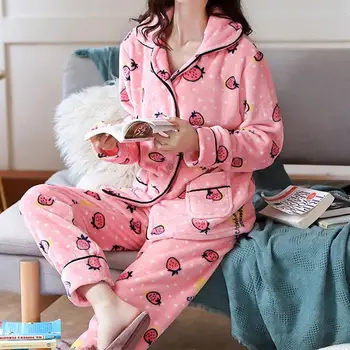 ZITY 2020 m. Žiemos Pižama Nustatyti Moterų Sleepwear Šiltas Flanelė Pižama ilgomis Rankovėmis Rausvos spalvos, Mielas Gyvūnas Homewear Storos Namo Kostiumas Pijamas