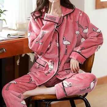 ZITY 2020 m. Žiemos Pižama Nustatyti Moterų Sleepwear Šiltas Flanelė Pižama ilgomis Rankovėmis Rausvos spalvos, Mielas Gyvūnas Homewear Storos Namo Kostiumas Pijamas