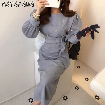 MATAKAWA Girdling Burbulas Rankovės Ilgos Moterų Suknelė Rudenį 2020 Korėja Prašmatnus Elegantiškas Apvalios Kaklo Zawalcowany puošyba Vestidos