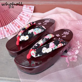 WHOHOLL Moterų Geta Japonijos Užkemša Medienos Šlepetės Moterų Sandalai Cosplay Kostiumai Mergaičių Kimono Fifo Raudona Vienintelis Spausdinti Šlepetės