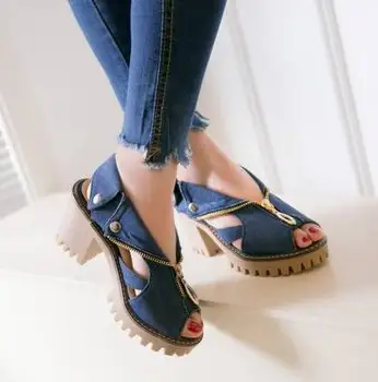 Naujas stilius džinsinio audinio su žuvies burną moterų sandalai aukšti kulniukai moterų užtrauktukas dydį, ne slydimo batų