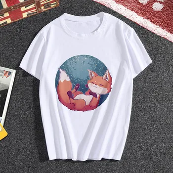 Lūs Los naujas kawaii fox spausdinti marškinėliai Moterims hipster mielas marškinėliai moteriška Mada Harajuku balta o-kaklo viršūnes Marškinėlius drabužiai