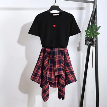 Paauglių mergaičių drabužius viršūnės t-shirt+pledas sijonas vaikai mergina drabužių nustatyti korėjos komplektus studentų kostiumas rinkinys 12 20 paauglys twinset