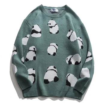 Vyrai Panda Megztiniai Streetwear 2020 M. Žiemos HipHop Unisex Atsitiktinis Derliaus Prarasti Pora Megztinių Negabaritinių Megztinis (Puloveris)