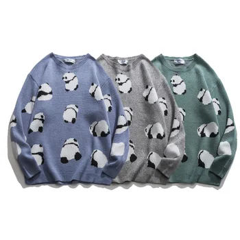 Vyrai Panda Megztiniai Streetwear 2020 M. Žiemos HipHop Unisex Atsitiktinis Derliaus Prarasti Pora Megztinių Negabaritinių Megztinis (Puloveris)