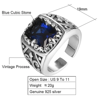 ZABRA Vintage Blue Akmens Žiedas Vyrams Nekilnojamojo 925 Sterlingas Sidabro Žiedas Moterims, Sunkiojo Roko Papuošalai Dviratininkas Vyras keičiamo dydžio Dydžio 9-11