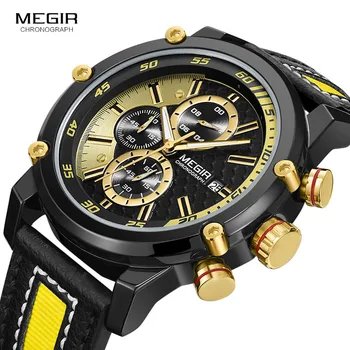 MEGIR Vyrų Premium Vandeniui Šviesos Kvarciniai Laikrodžiai Mados Odinis Dirželis Geltona Chronograph Laikrodis Žmogui 2079G1N3