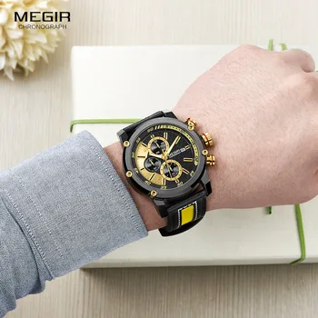 MEGIR Vyrų Premium Vandeniui Šviesos Kvarciniai Laikrodžiai Mados Odinis Dirželis Geltona Chronograph Laikrodis Žmogui 2079G1N3