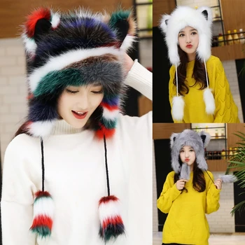 Moterų Žiemos Pūkuotas Pūkuotas Trapper Hat Spalvotų Cute Kačių Ausys Fuzzy Pliušinis Gyvūnų Earflap Bžūp Lauko Slidinėjimo Vėjo Šilumos